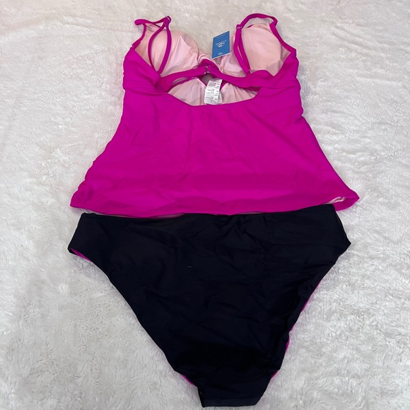 Cupshe Womens Hot Pink Twist Front Tankini Set Black Bottoms Size Large NWT - Picture 6 of 11